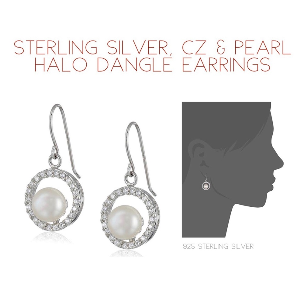 Sterling Silver CZ & Pearl Halo Dangle Earrings